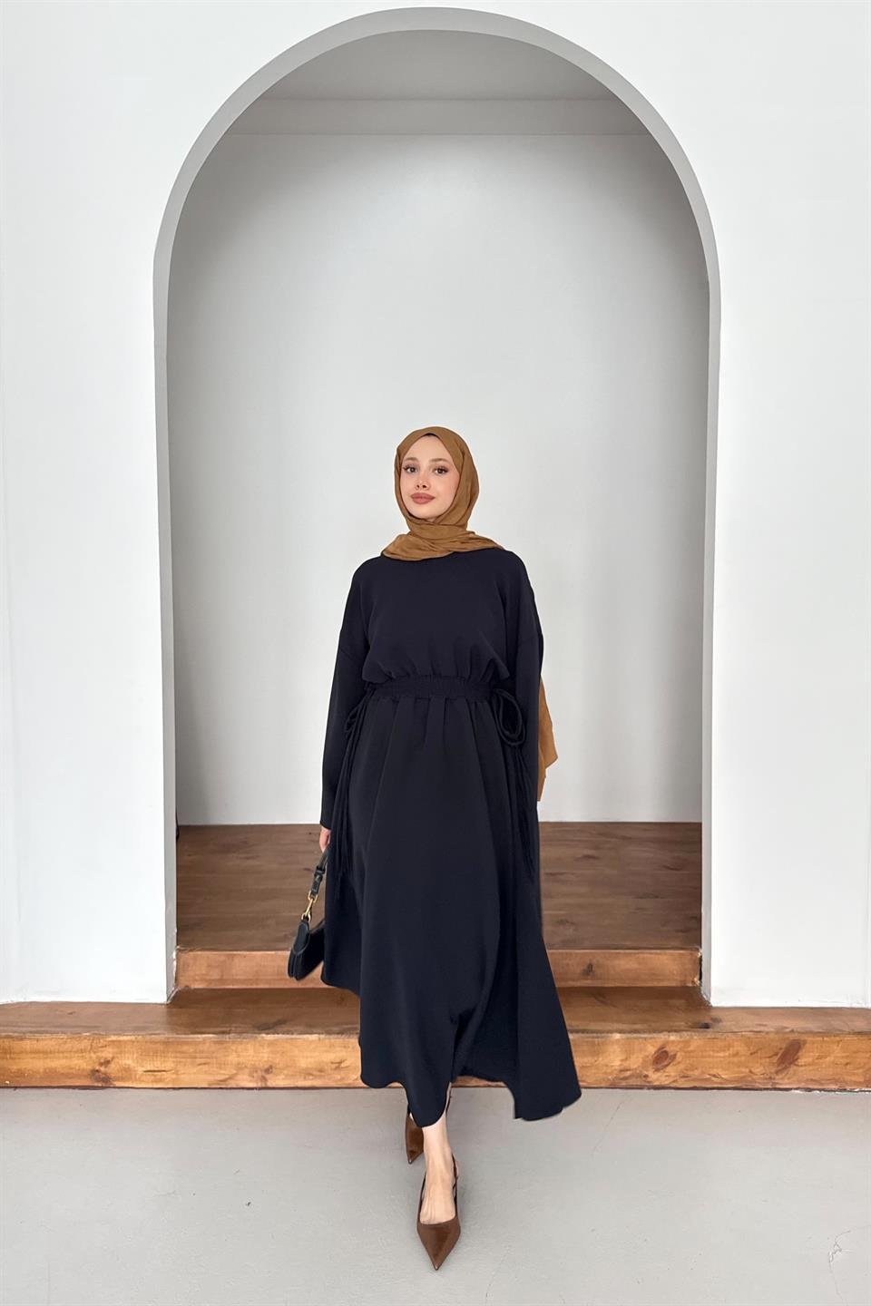 Elastic Waist Dress - Navy Blue 