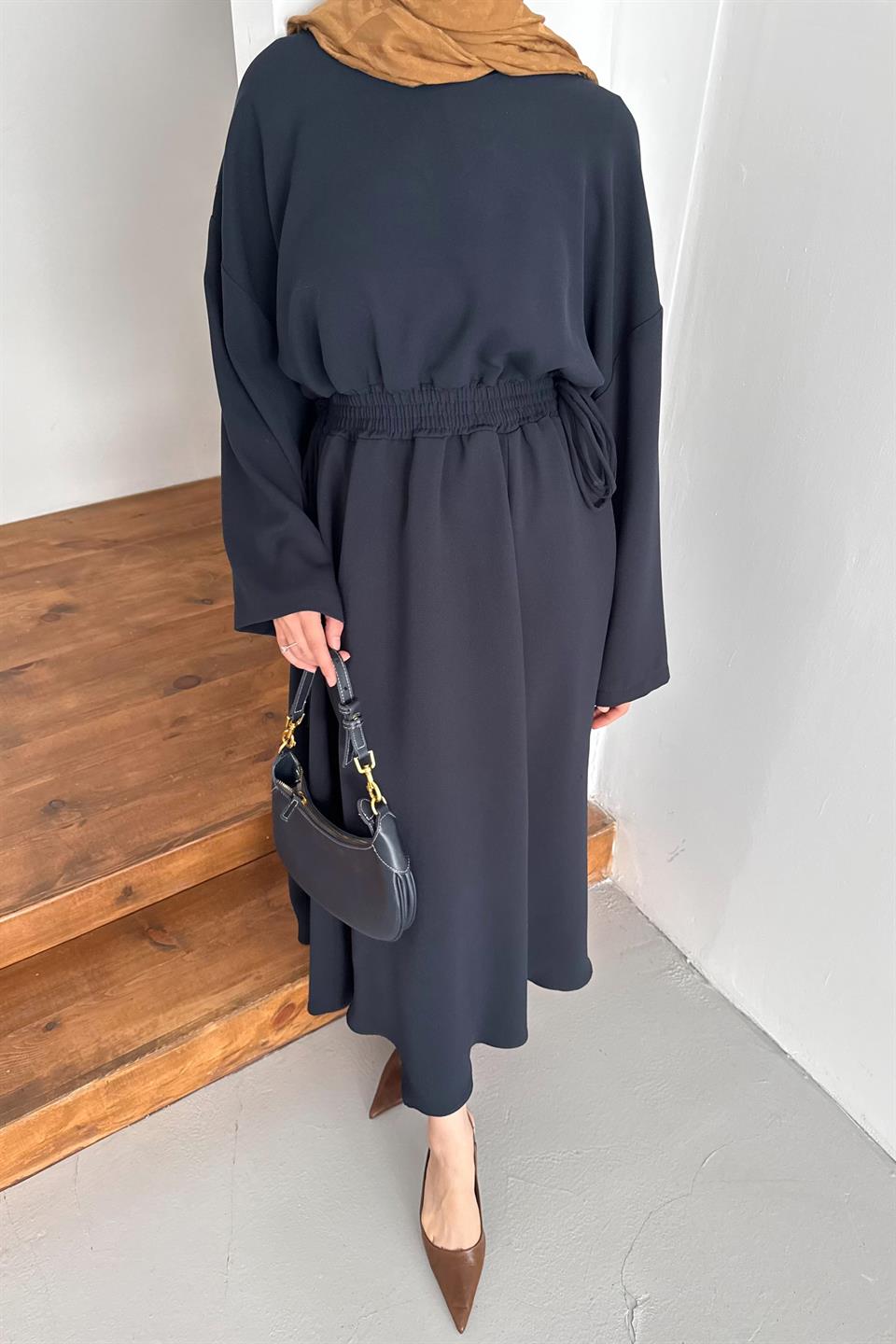 Elastic Waist Dress - Navy Blue 