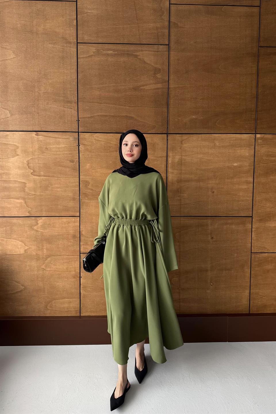 Elastic Waist Dress - Oil Green