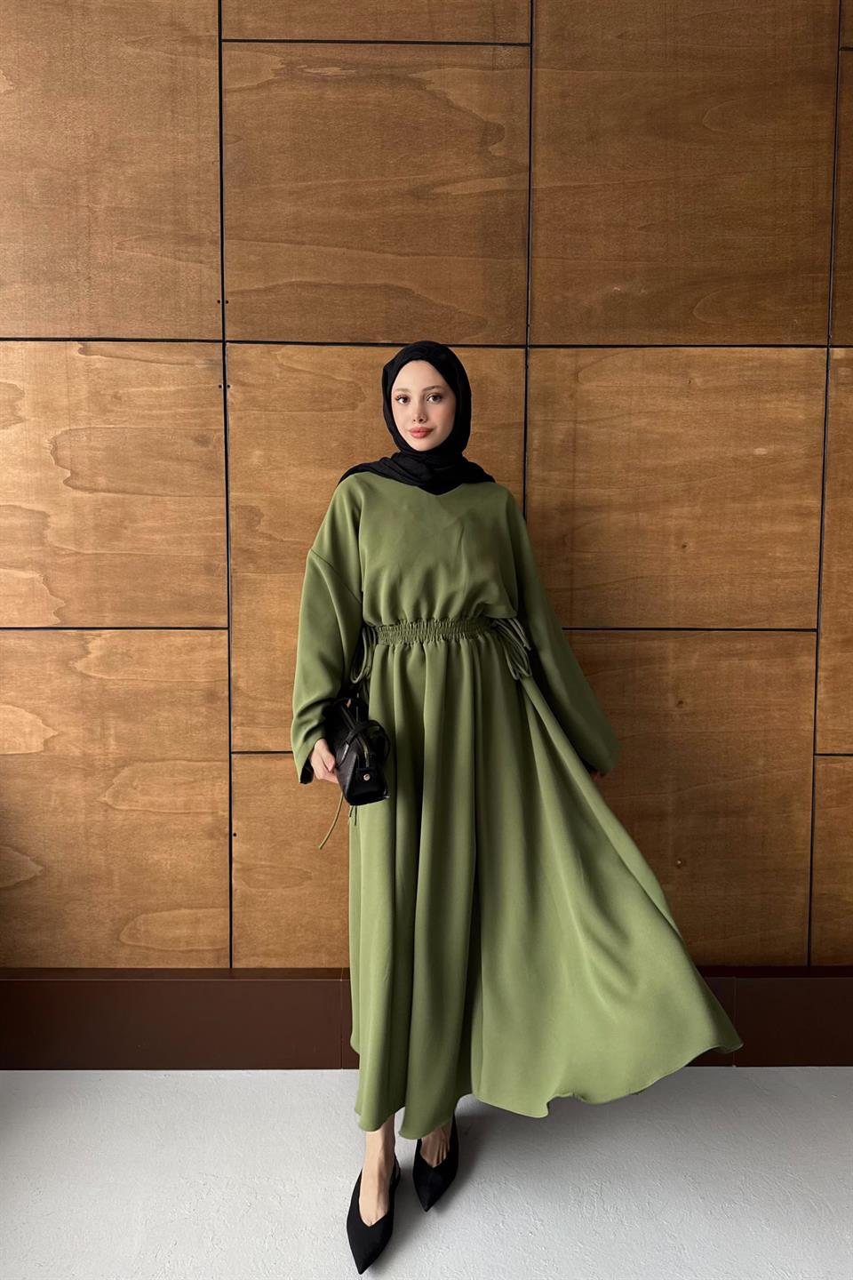 Elastic Waist Dress - Oil Green