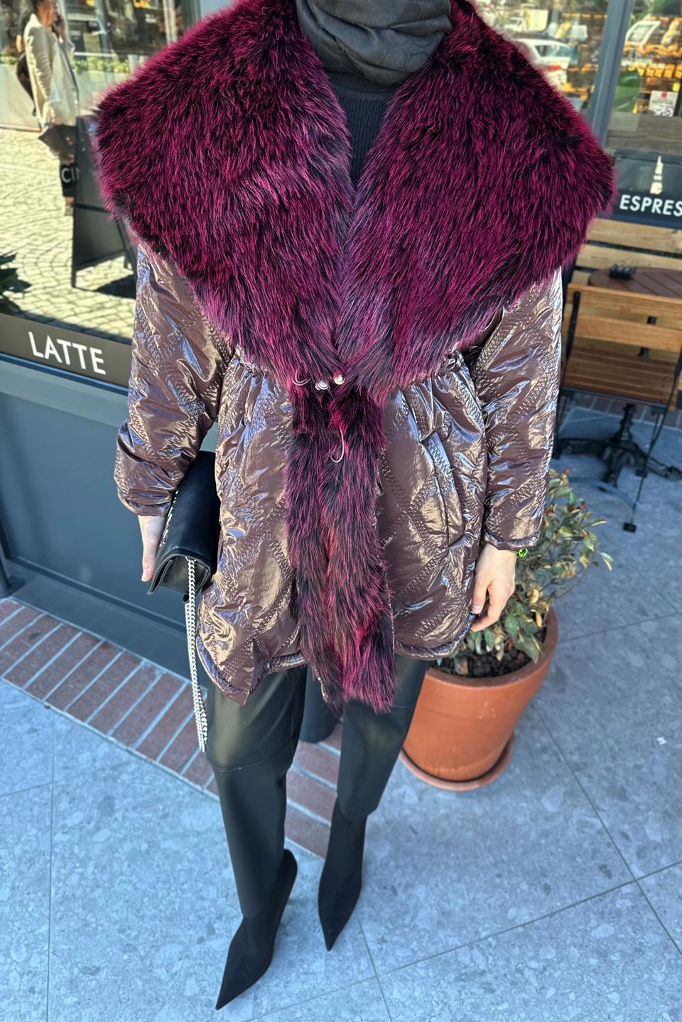 Elastic Waist Quilted Coat - Burgundy