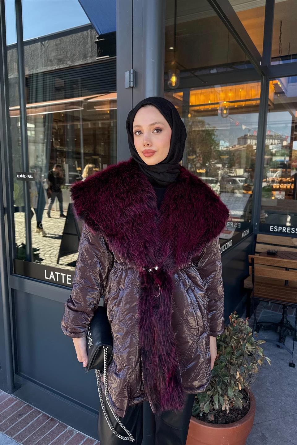 Elastic Waist Quilted Coat - Burgundy