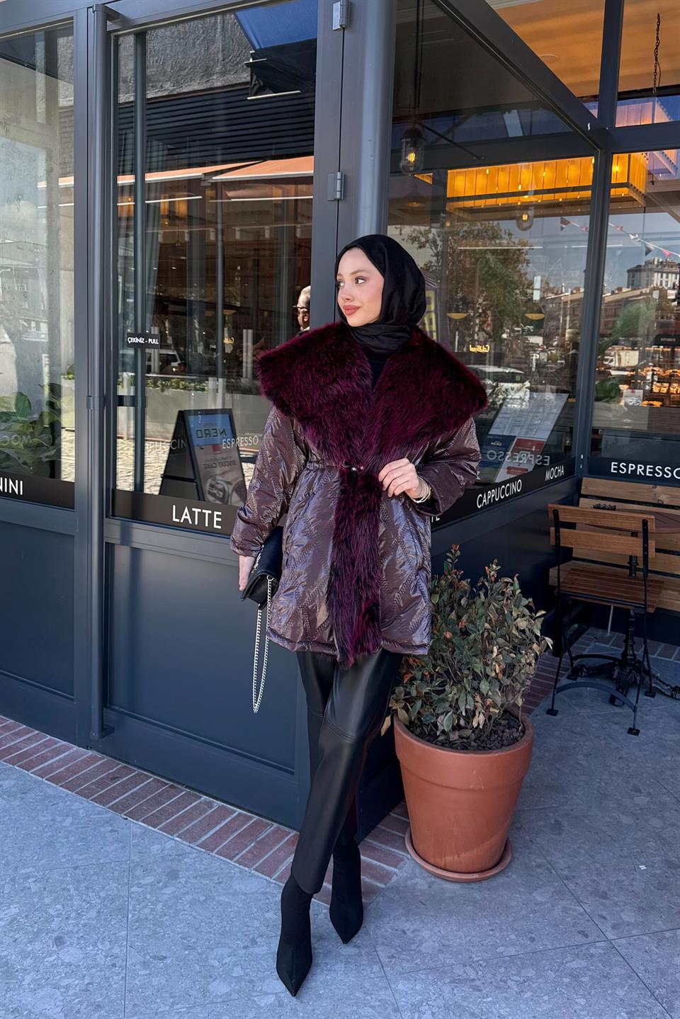 Elastic Waist Quilted Coat - Burgundy