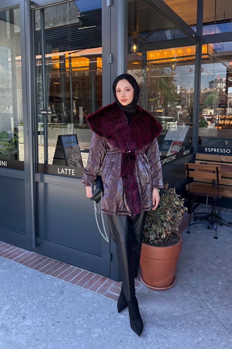 Elastic Waist Quilted Coat - Burgundy