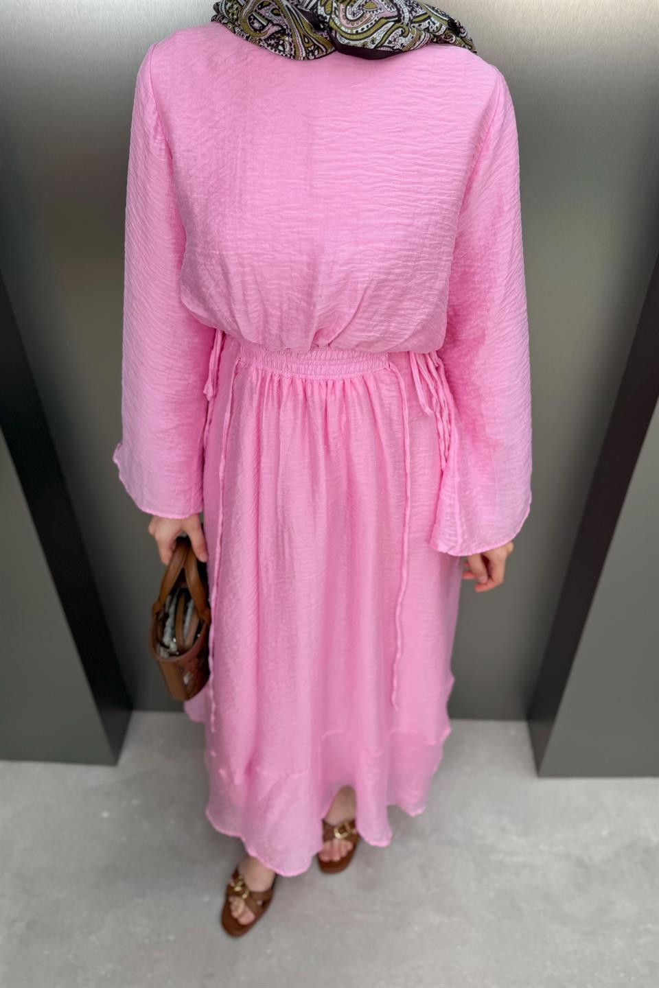 Beli Lastikli Modal Elbise - Pembe