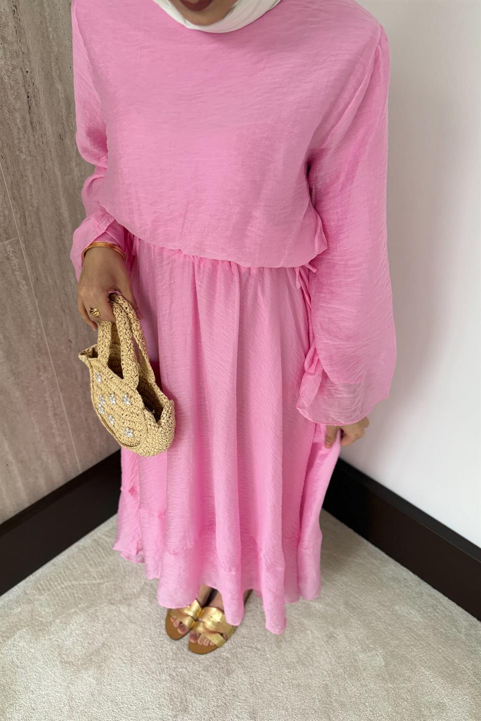 Beli Lastikli Modal Elbise - Pembe