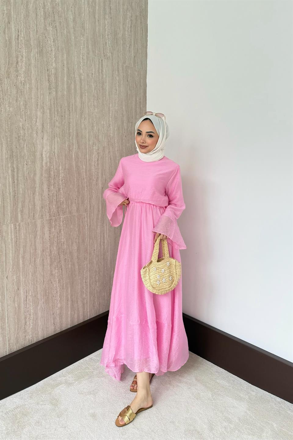 Beli Lastikli Modal Elbise - Pembe