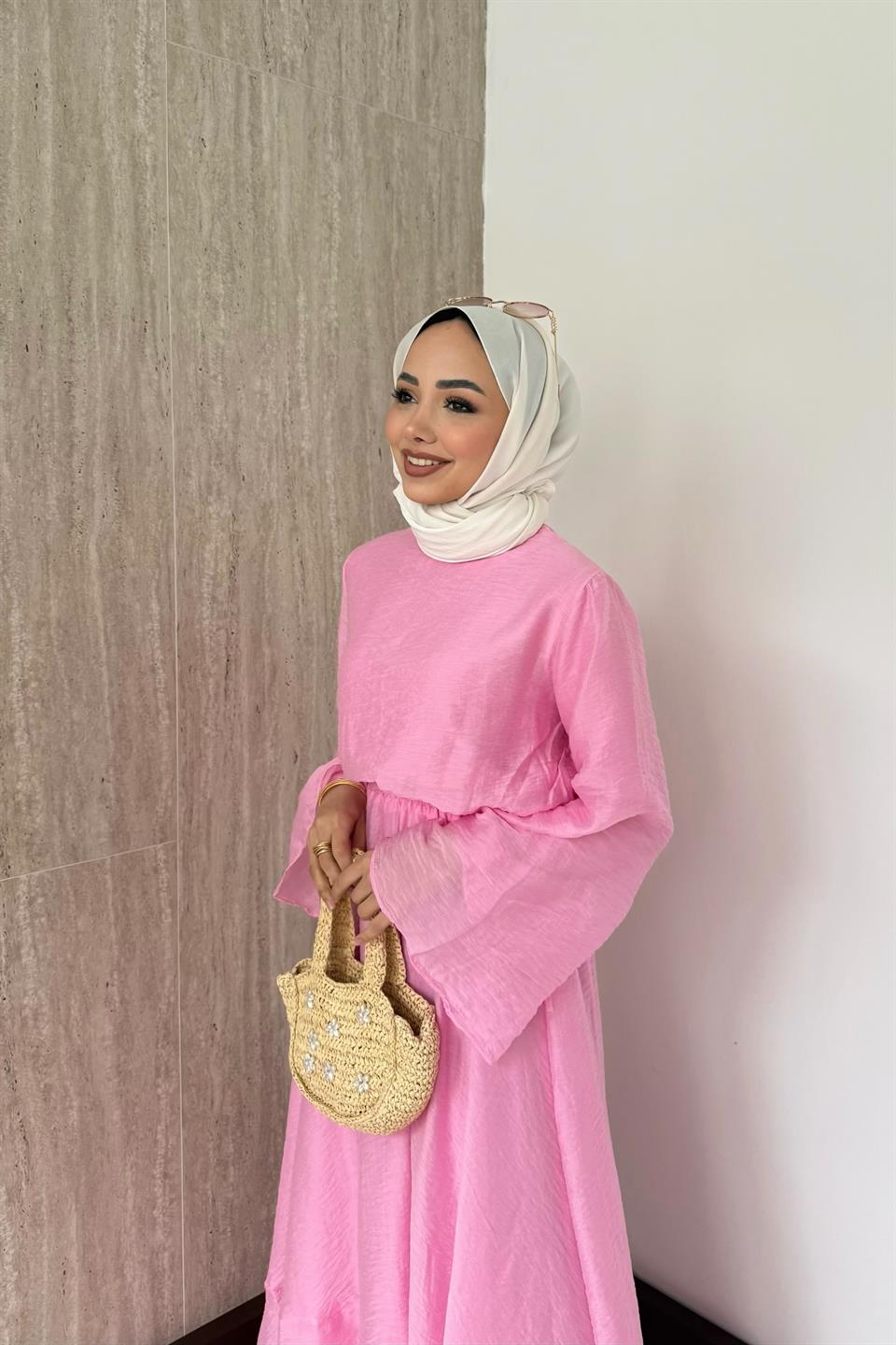 Beli Lastikli Modal Elbise - Pembe