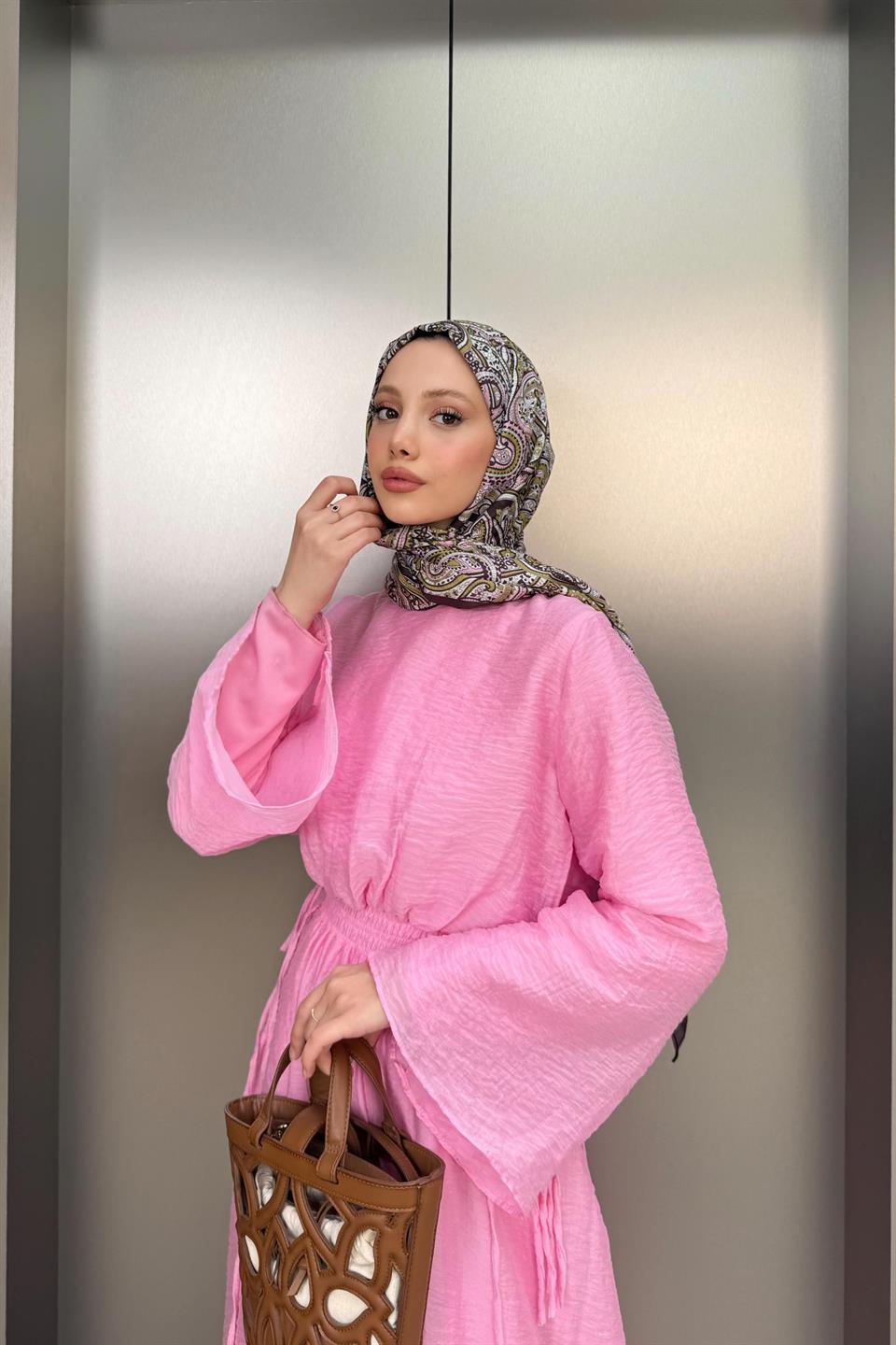 Beli Lastikli Modal Elbise - Pembe