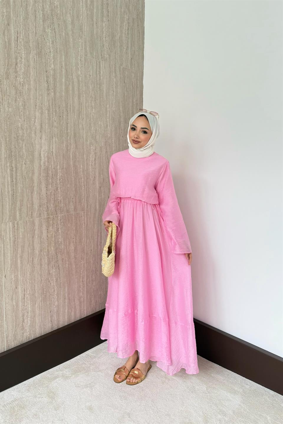 Beli Lastikli Modal Elbise - Pembe