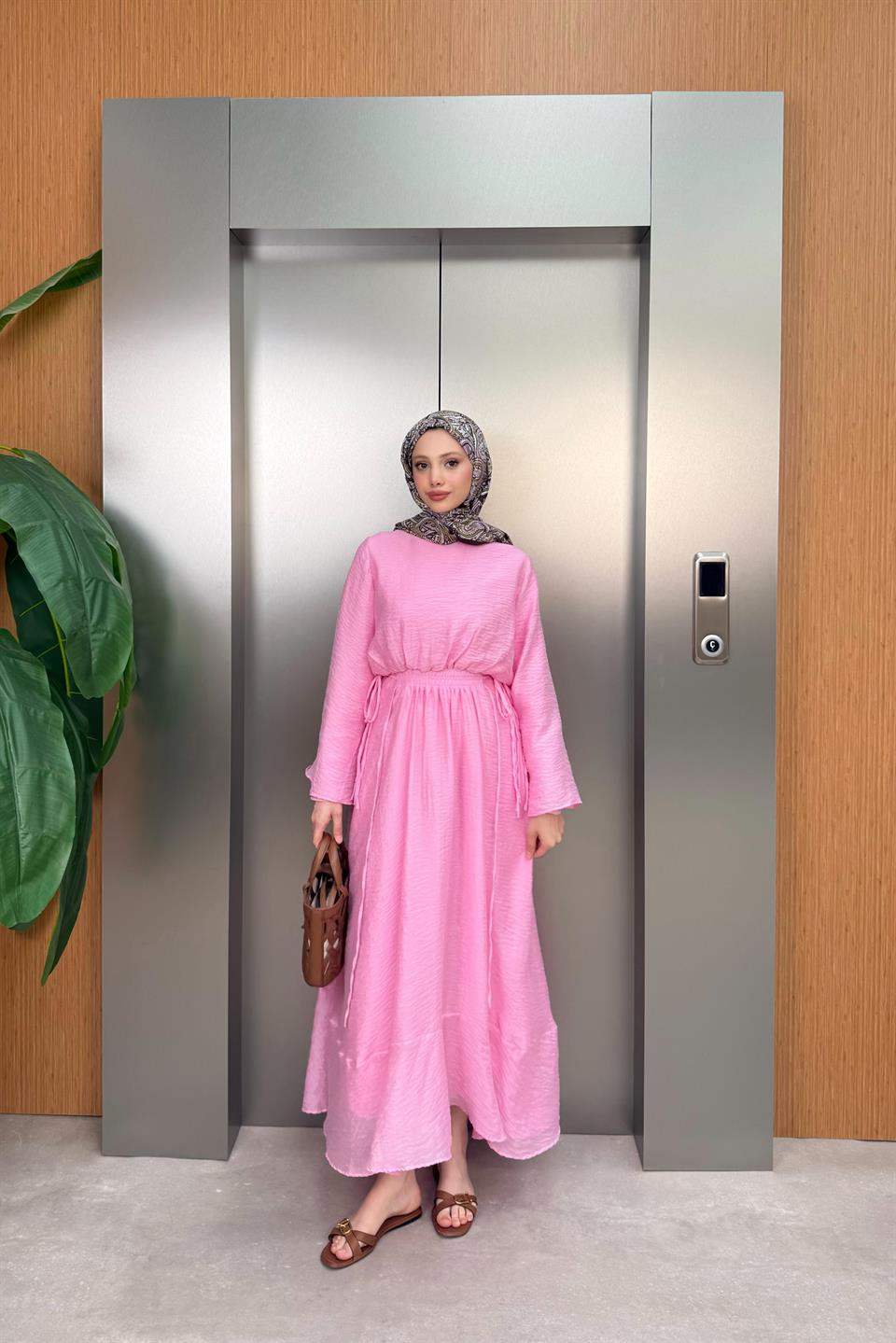 Beli Lastikli Modal Elbise - Pembe