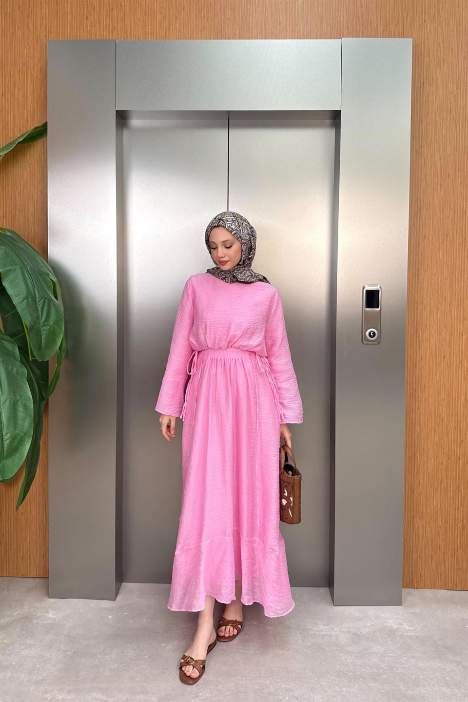 Beli Lastikli Modal Elbise - Pembe