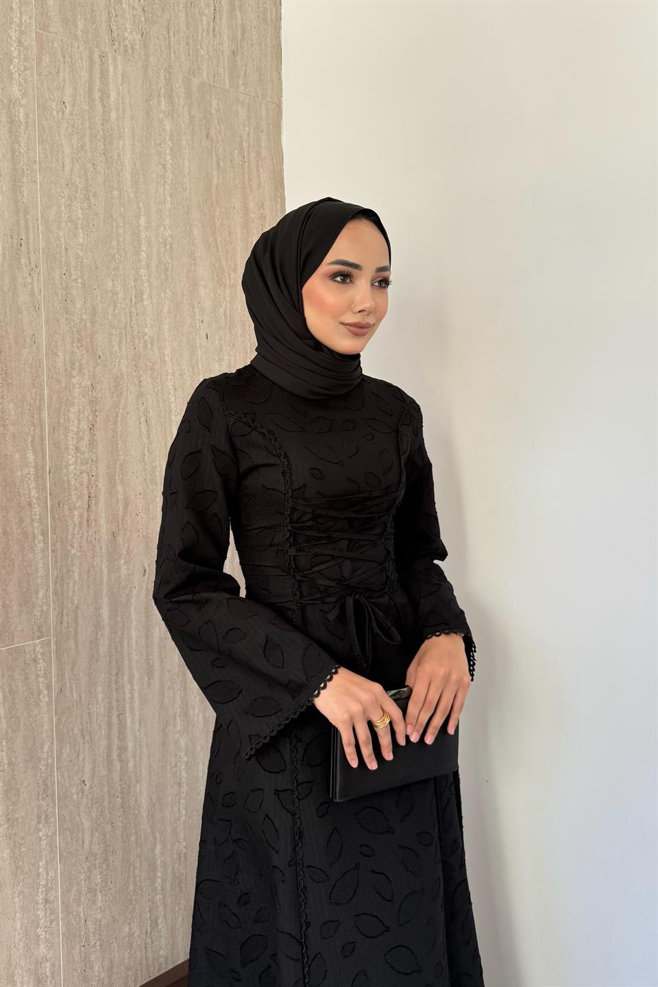 Birit Bağlamalı Dantel Elbise - Siyah