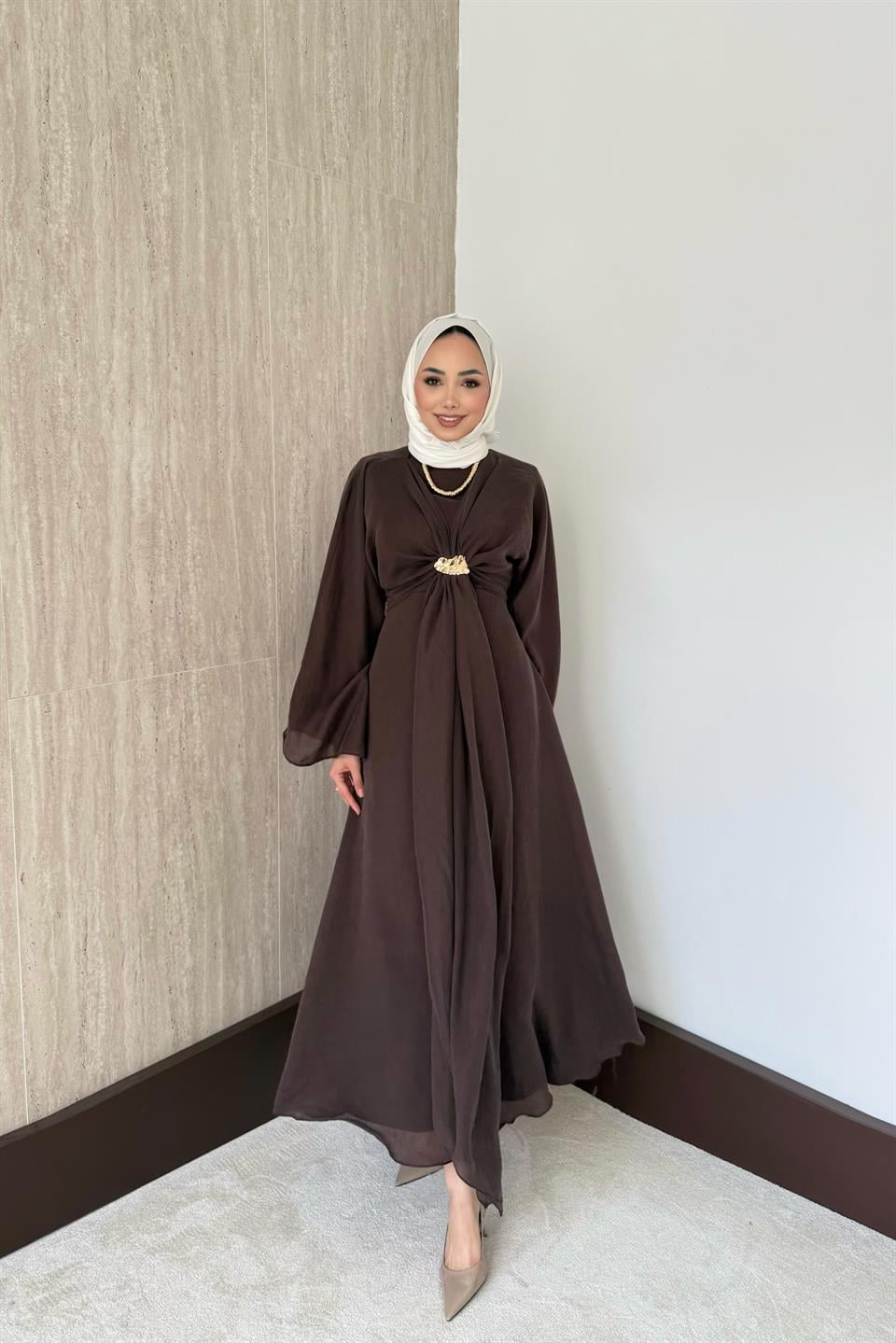 Bolerolu Vual Elbise - Kahve