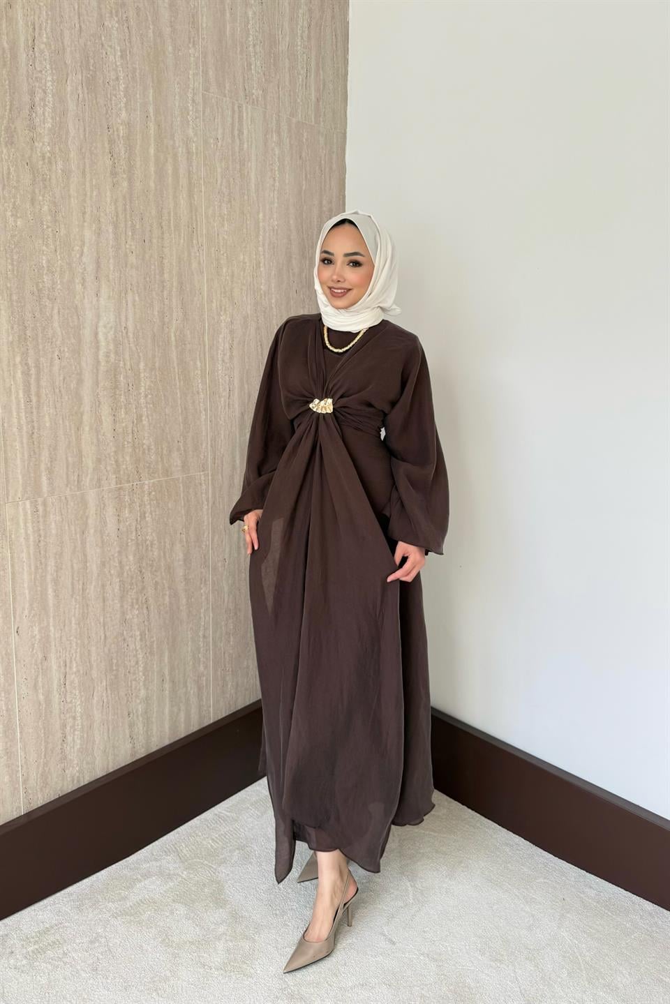 Bolerolu Vual Elbise - Kahve