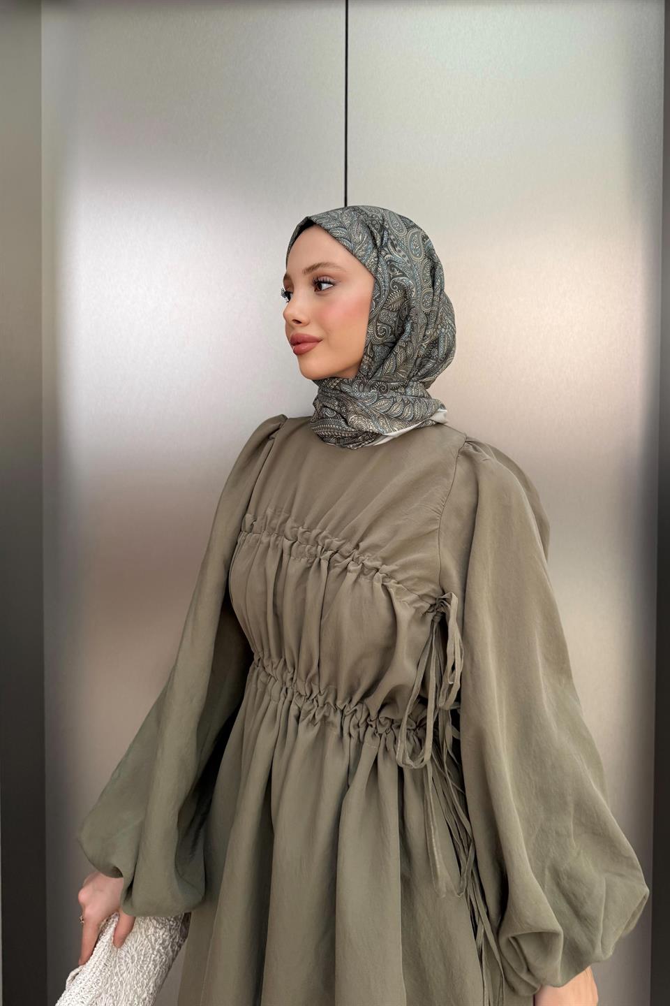 Büzgülü Balon Kol Elbise - Haki