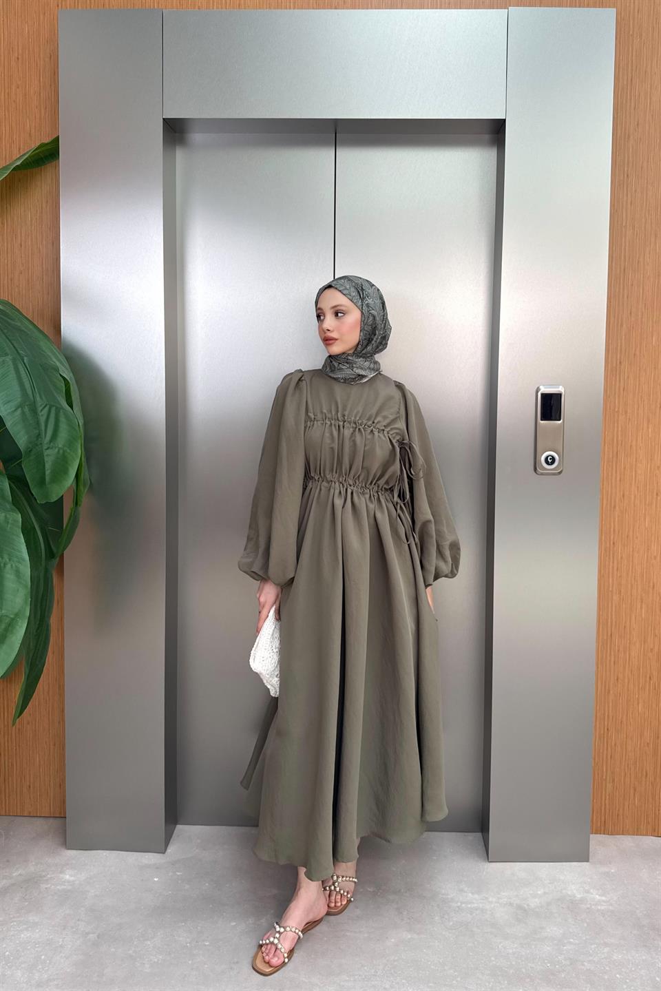 Büzgülü Balon Kol Elbise - Haki