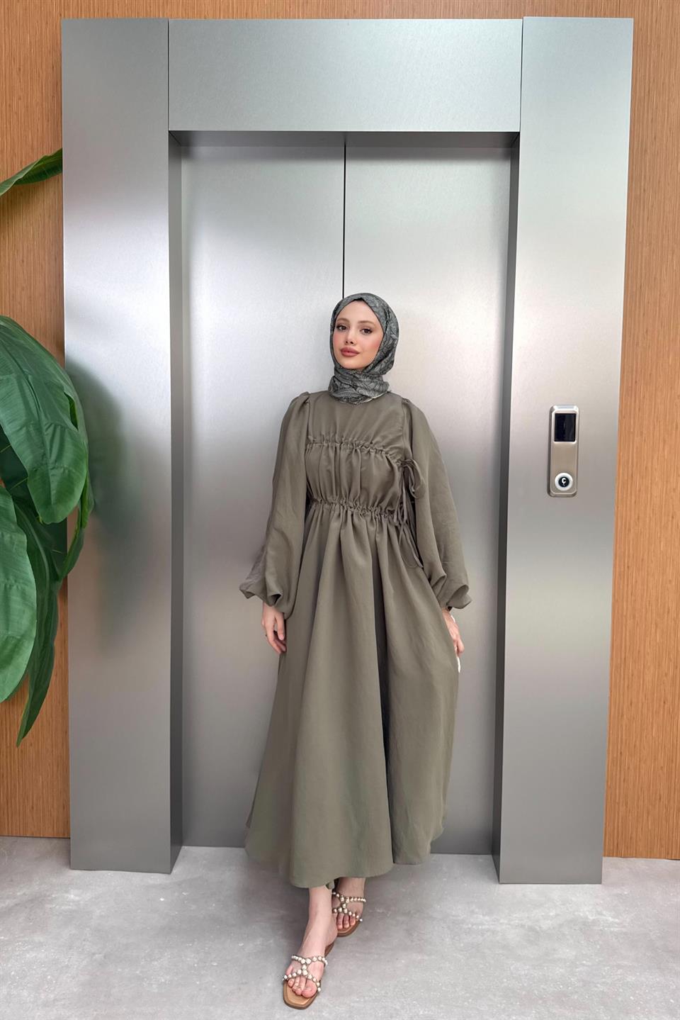 Büzgülü Balon Kol Elbise - Haki