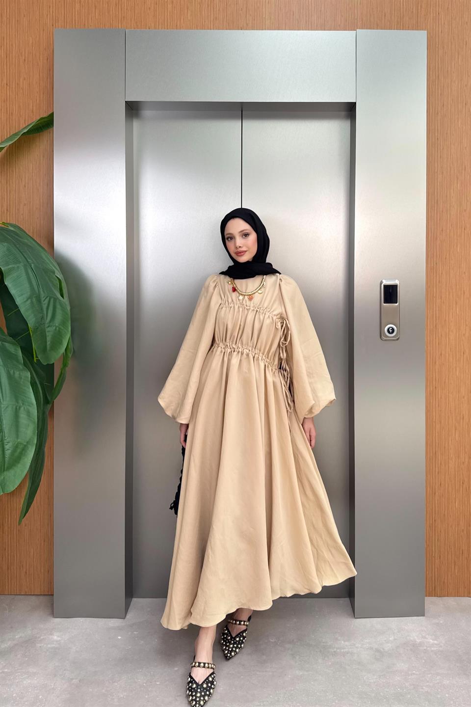 Büzgülü Balon Kol Elbise - Krem