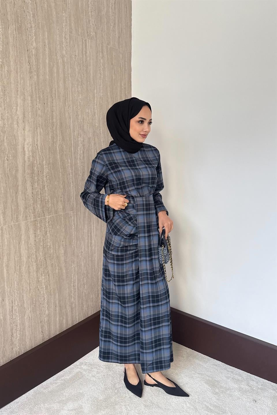 Büzgülü Ekose Etekli takım - İndigo