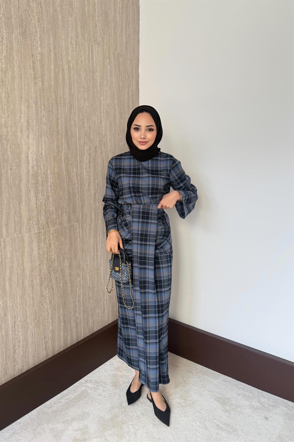 Büzgülü Ekose Etekli takım - İndigo