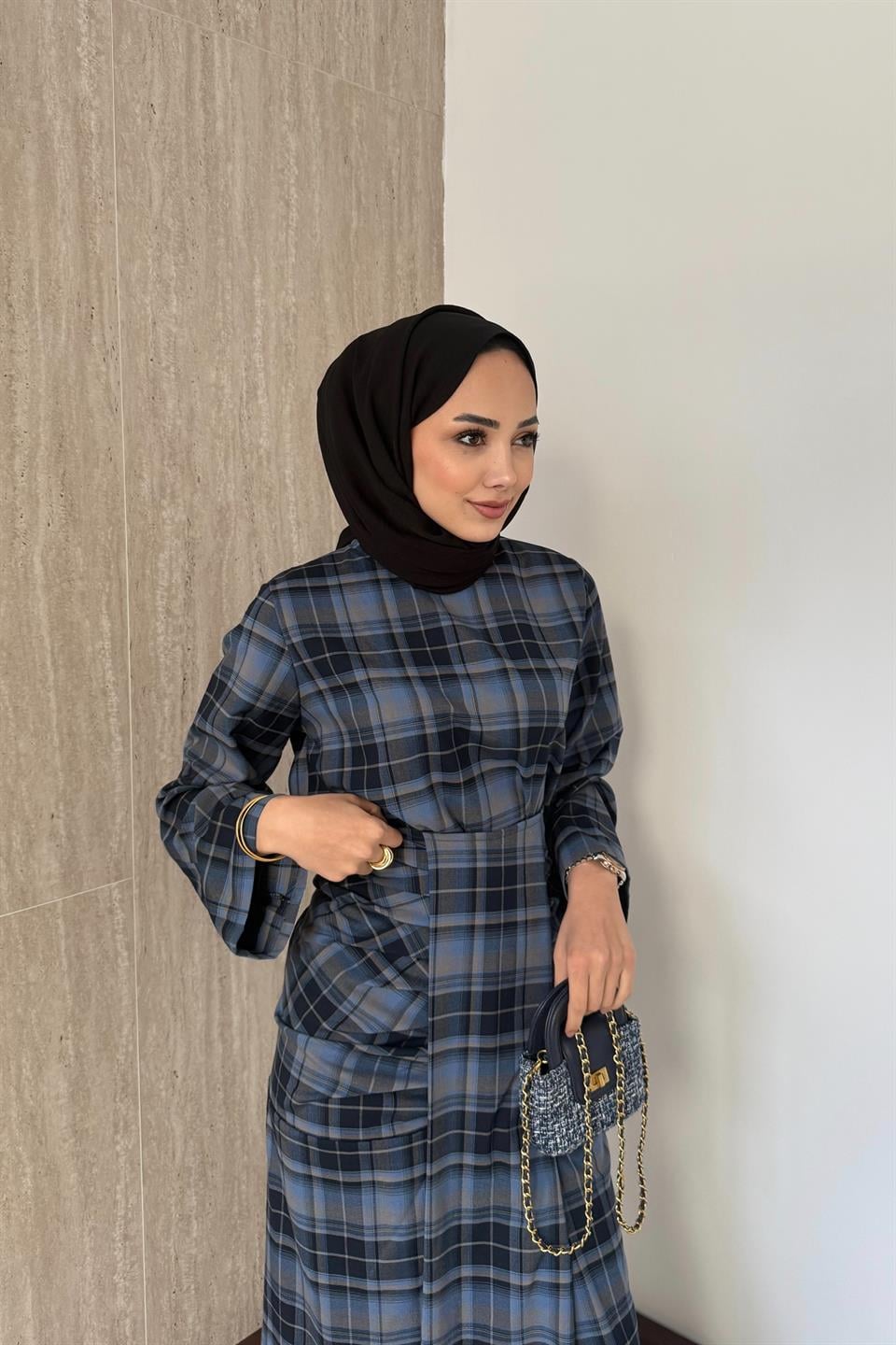 Büzgülü Ekose Etekli takım - İndigo