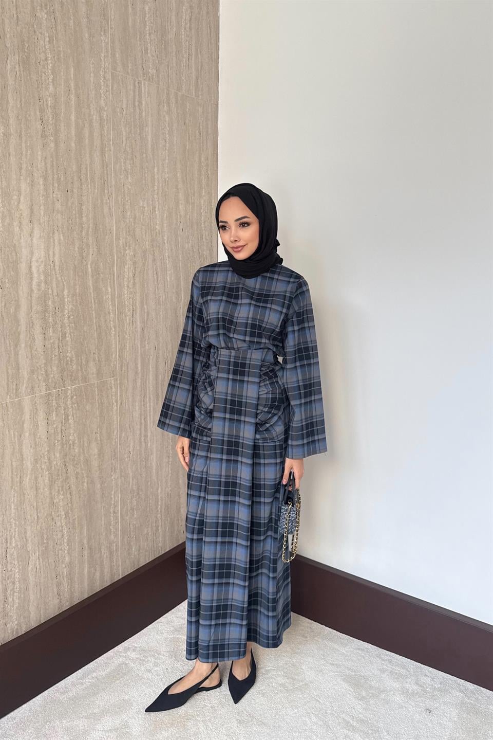 Büzgülü Ekose Etekli takım - İndigo