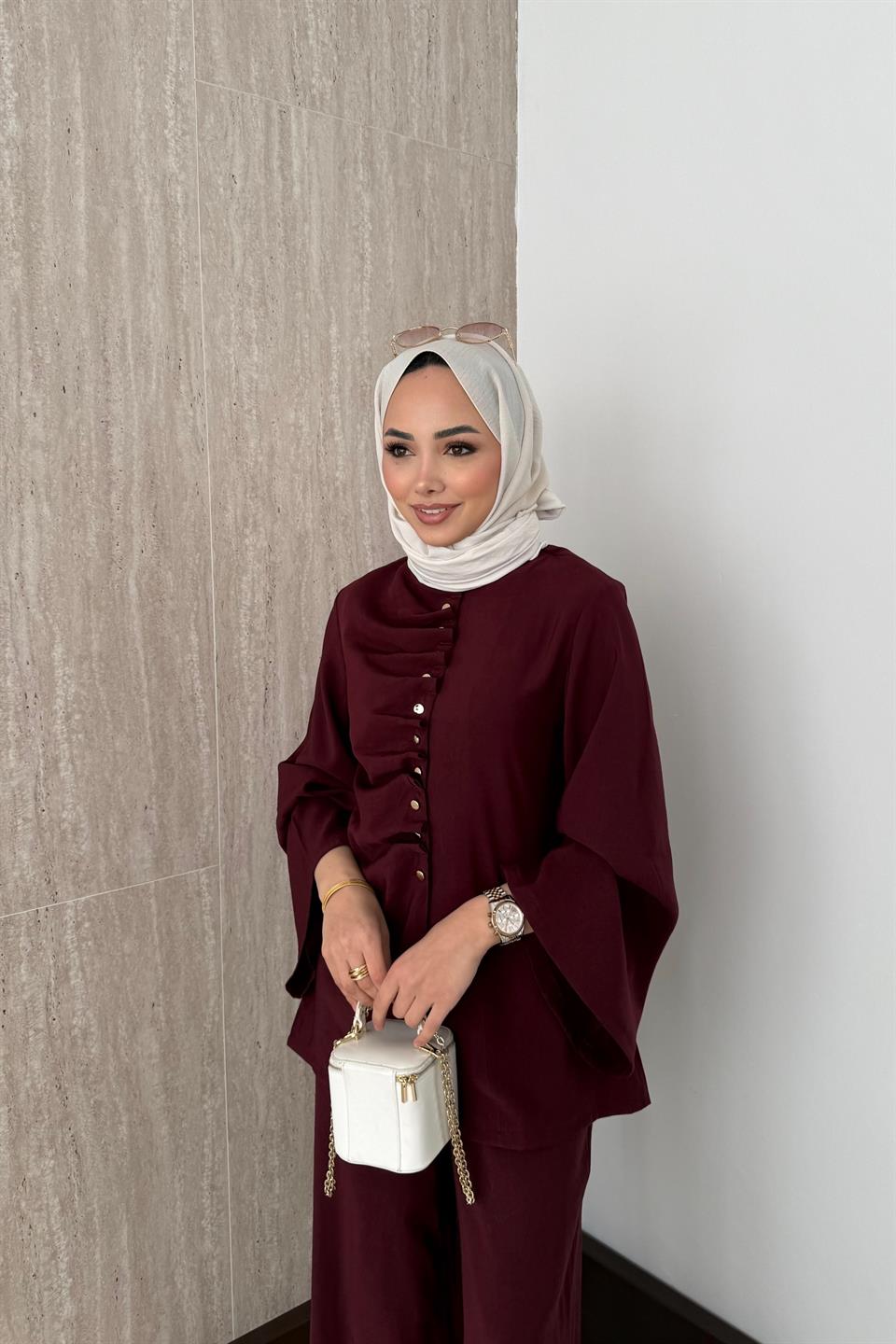 Büzgülü Modal Pantolonlu Takım - Bordo