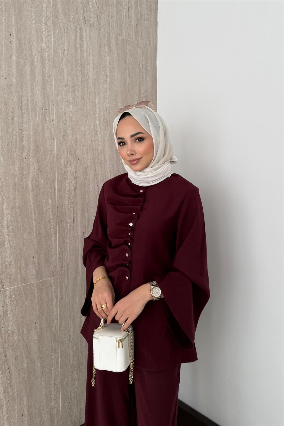 Büzgülü Modal Pantolonlu Takım - Bordo