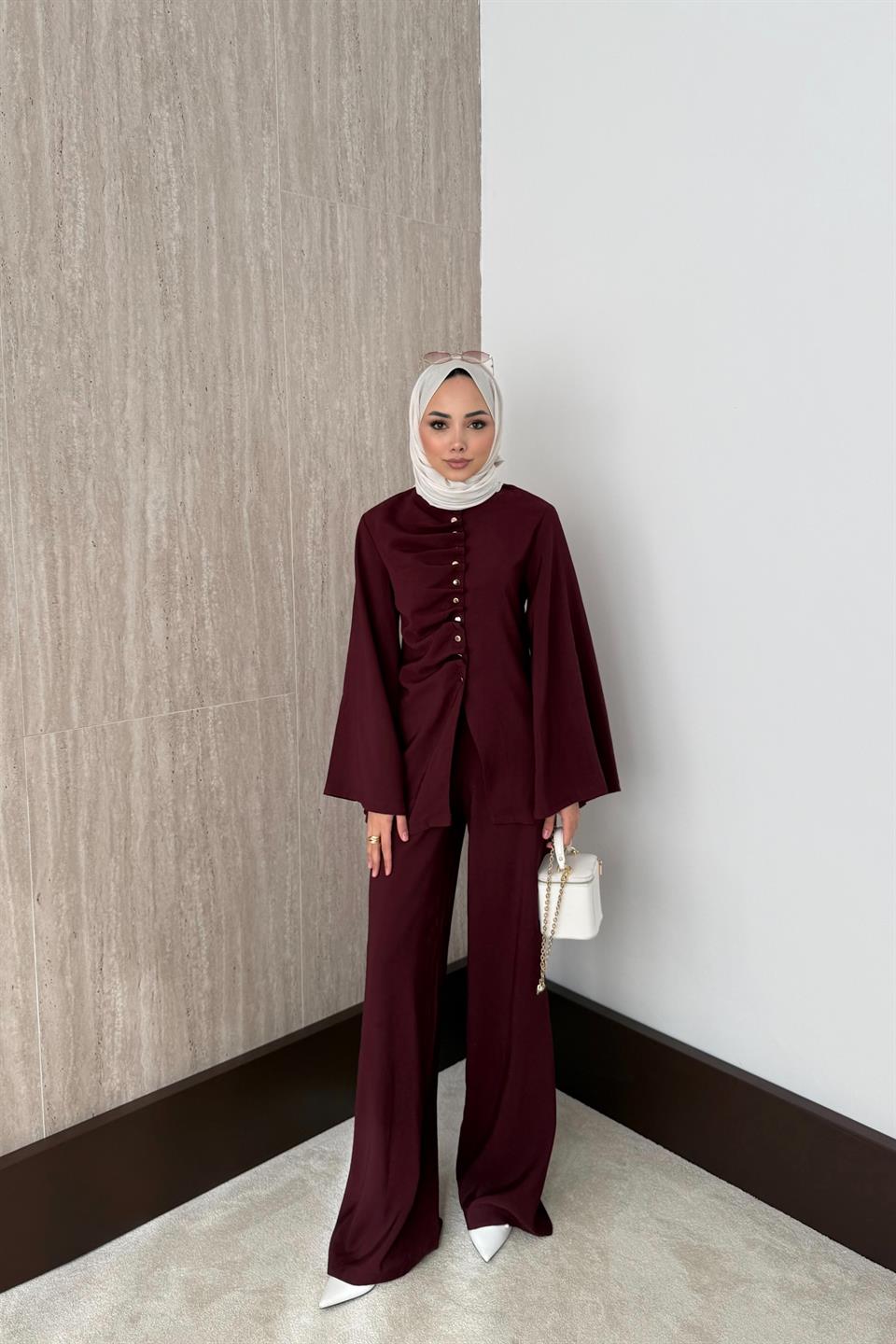 Büzgülü Modal Pantolonlu Takım - Bordo
