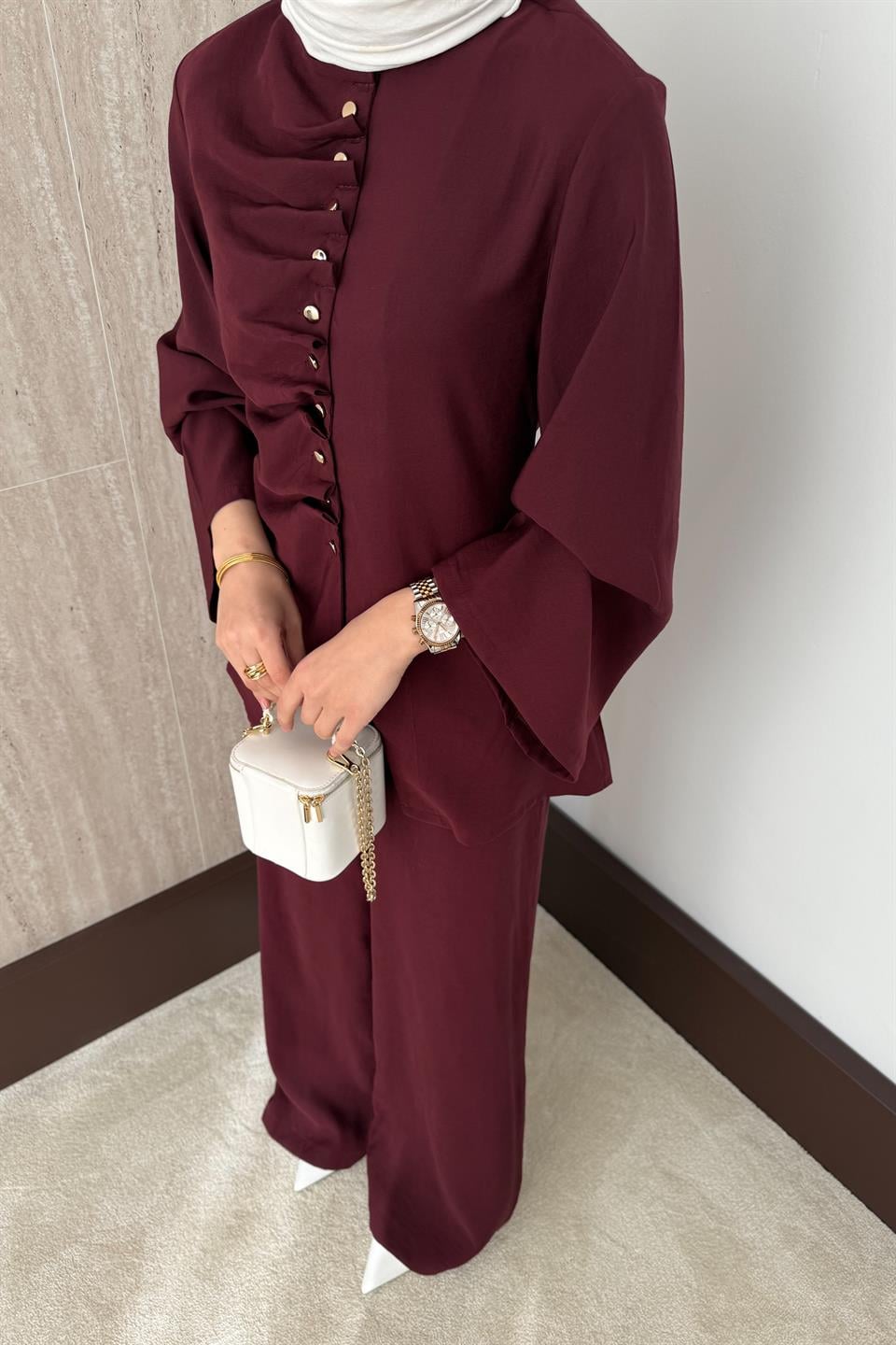 Büzgülü Modal Pantolonlu Takım - Bordo