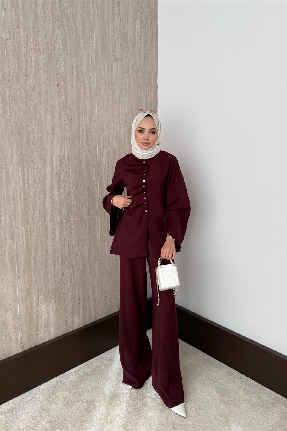 Büzgülü Modal Pantolonlu Takım - Bordo