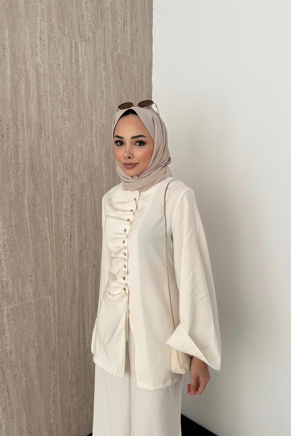 Büzgülü Modal Pantolonlu Takım - Ekru
