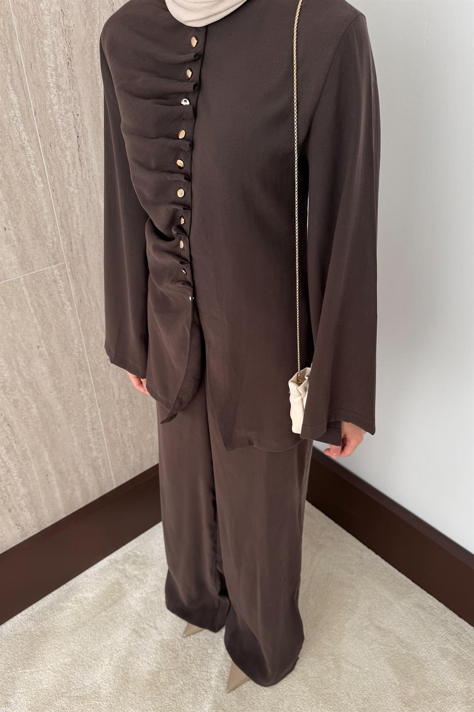 Büzgülü Modal Pantolonlu Takım - Kahve