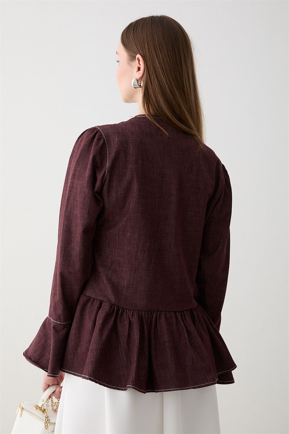 Büzgülü Peplum Kot Gömlek - Bordo