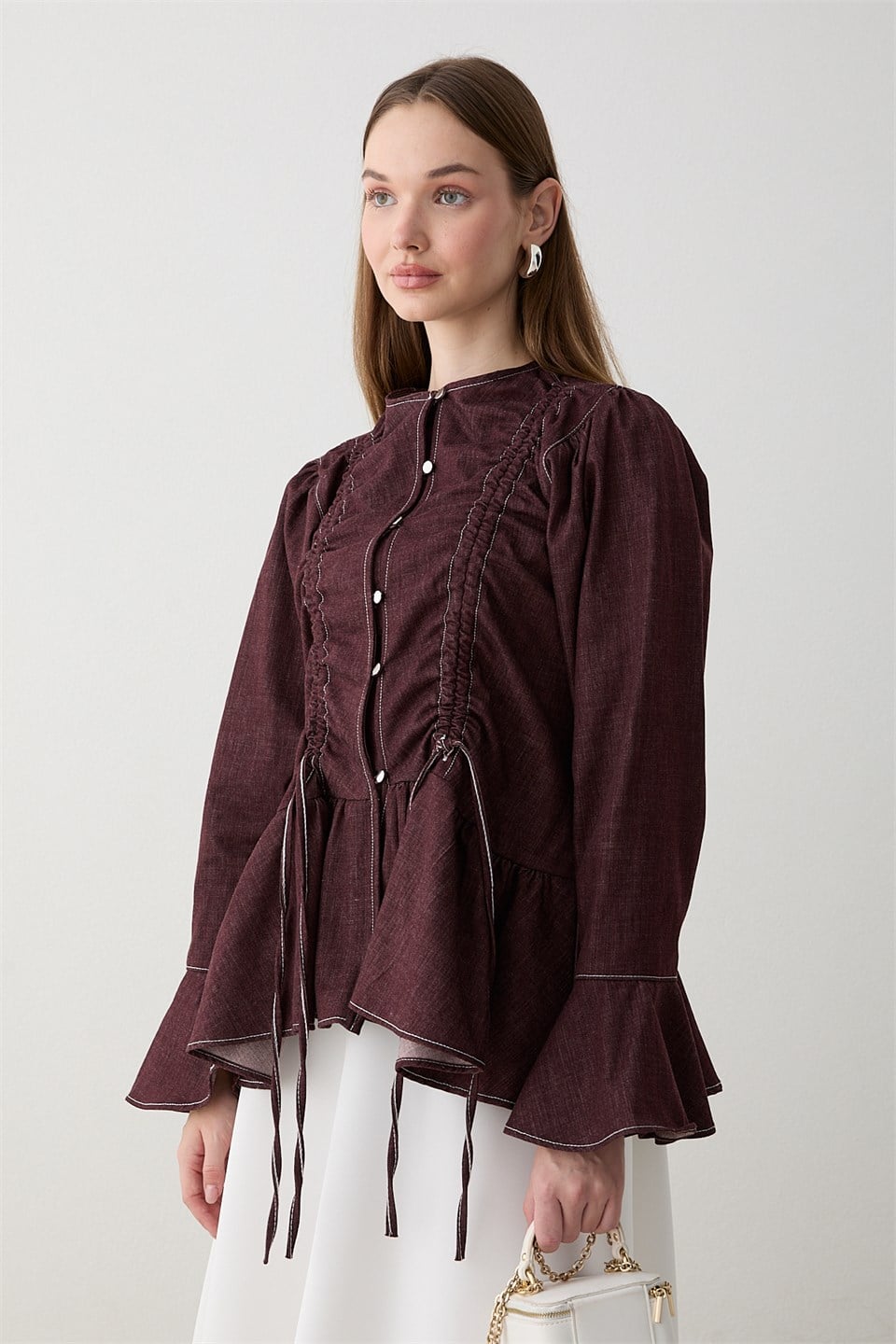 Büzgülü Peplum Kot Gömlek - Bordo