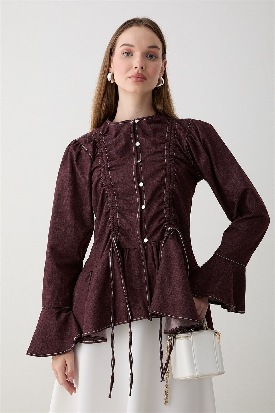 Büzgülü Peplum Kot Gömlek - Bordo