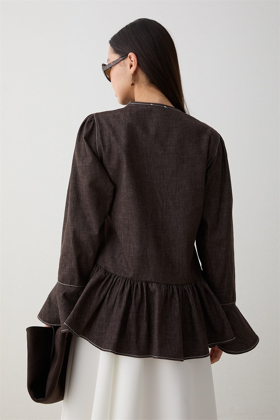 Büzgülü Peplum Kot Gömlek - Kahve