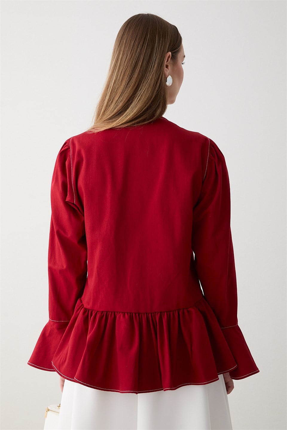 Büzgülü Peplum Kot Gömlek - Kırmızı