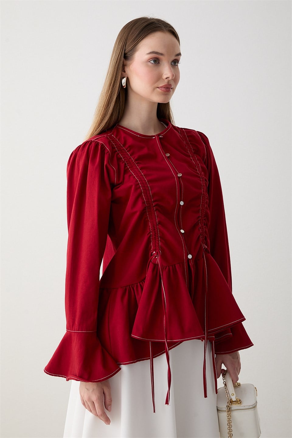 Büzgülü Peplum Kot Gömlek - Kırmızı