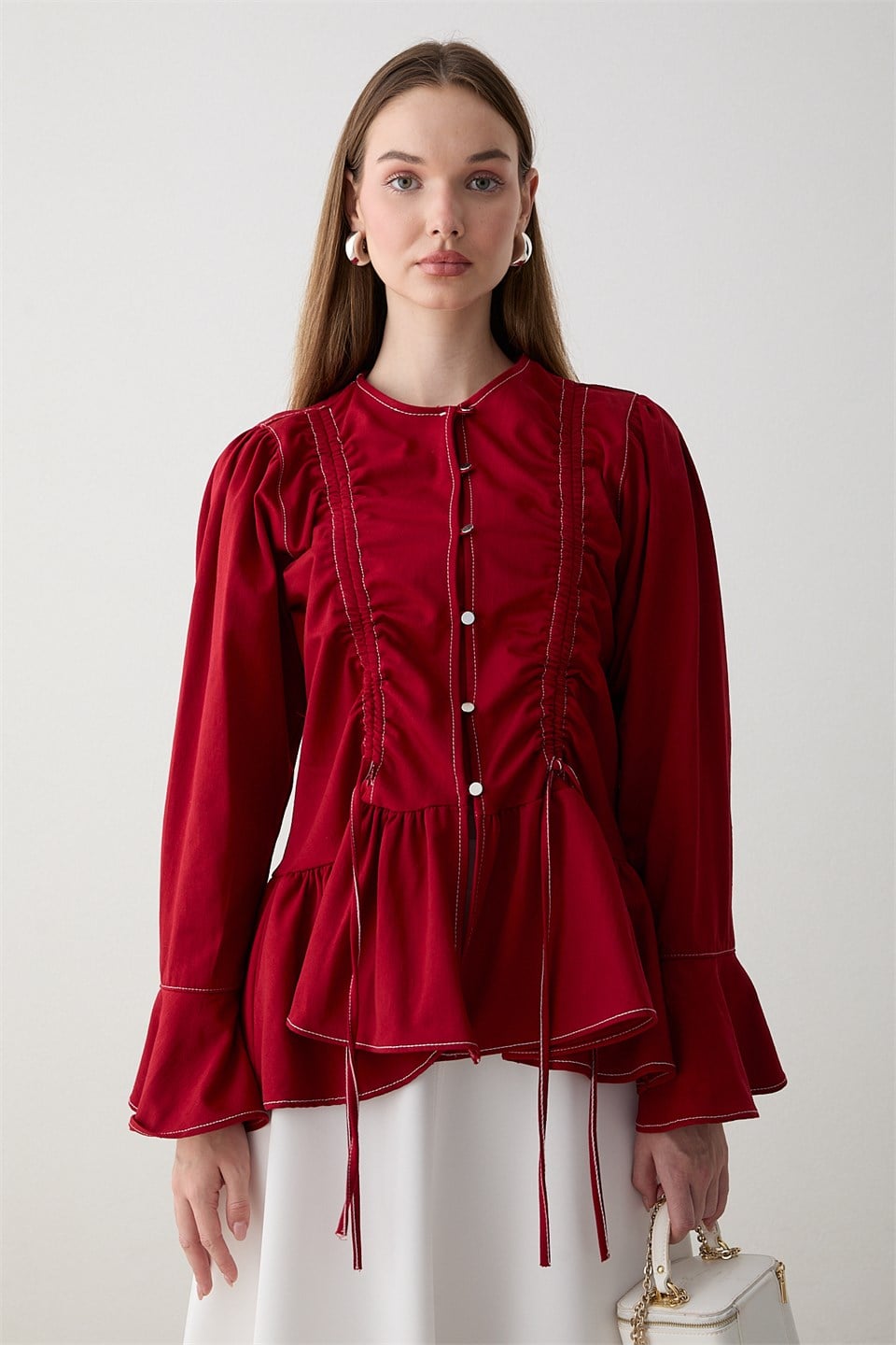 Büzgülü Peplum Kot Gömlek - Kırmızı