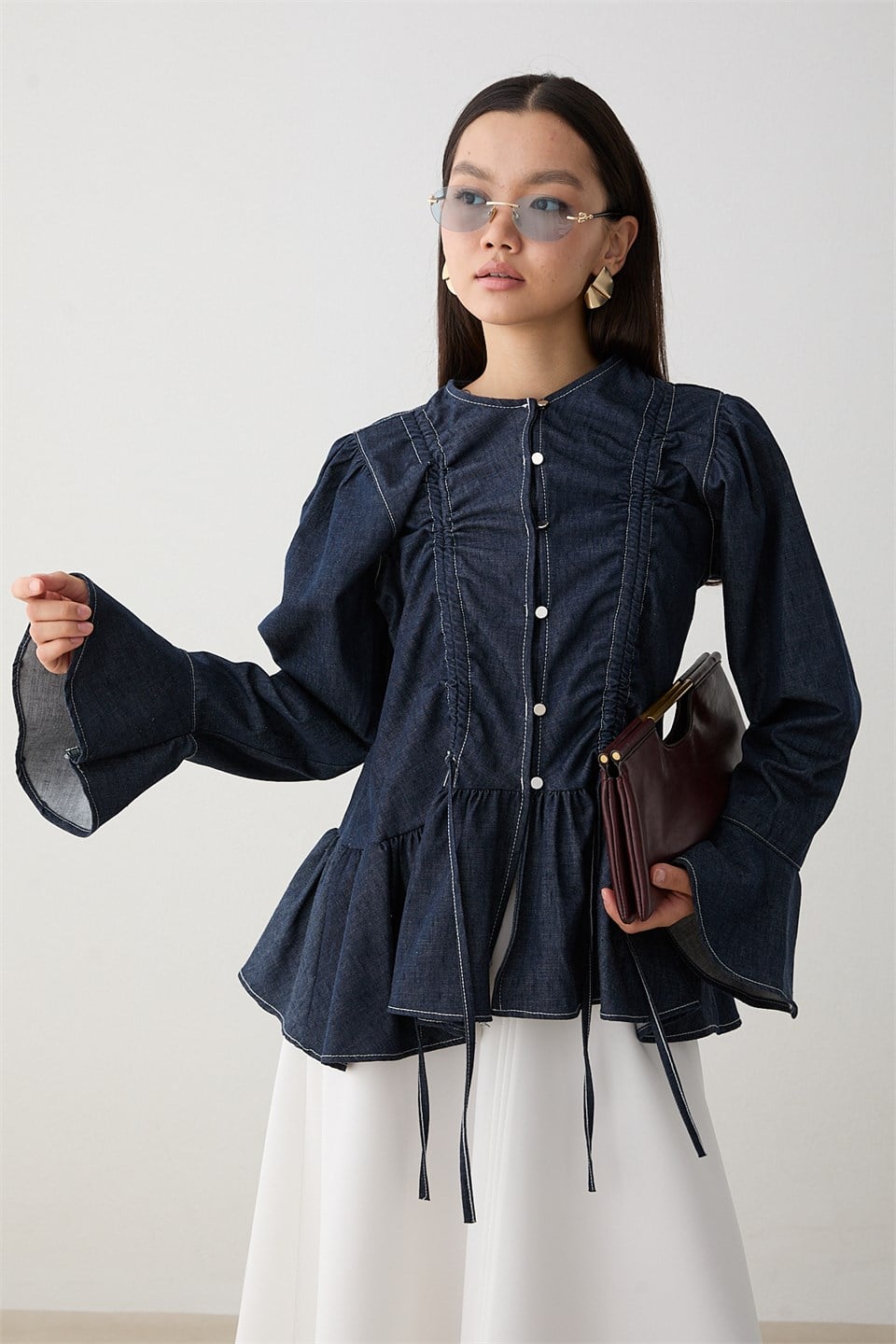 Büzgülü Peplum Kot Gömlek - Lacivert