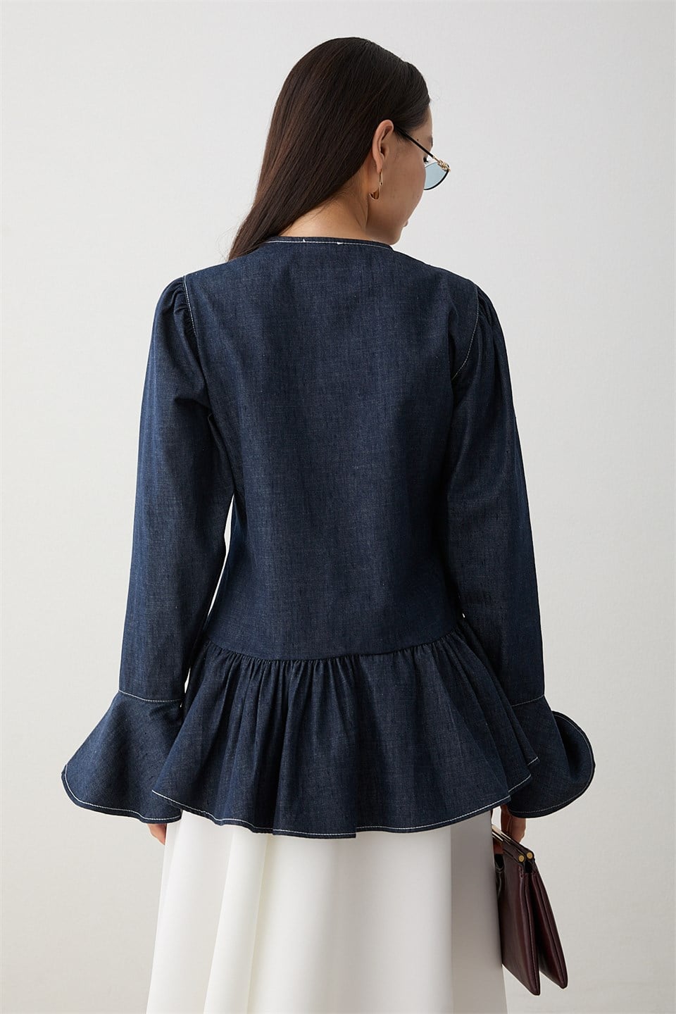 Büzgülü Peplum Kot Gömlek - Lacivert
