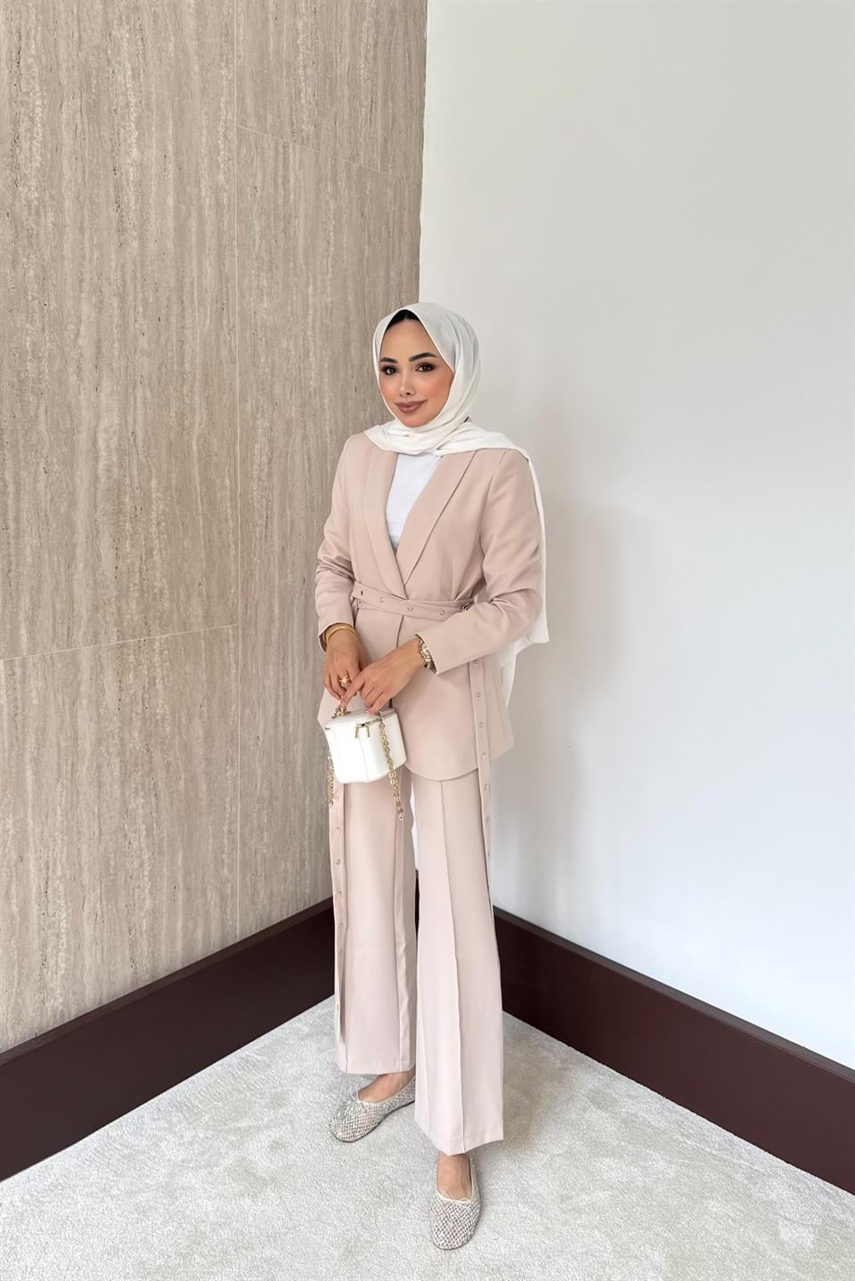 Çift Kemerli Blazer Takım - Taş