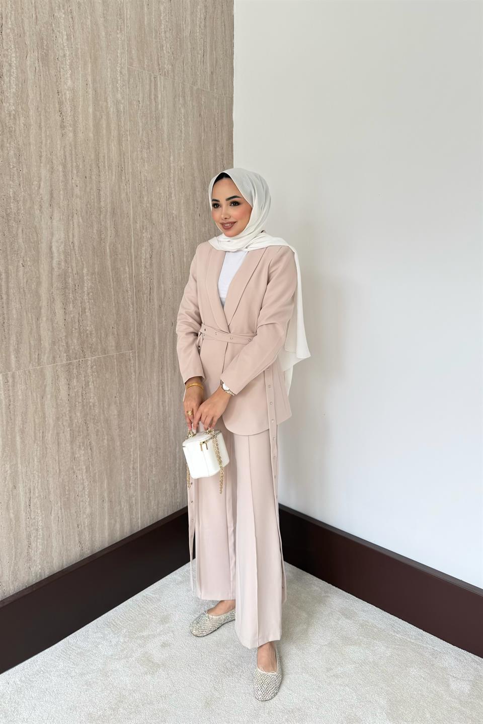Çift Kemerli Blazer Takım - Taş