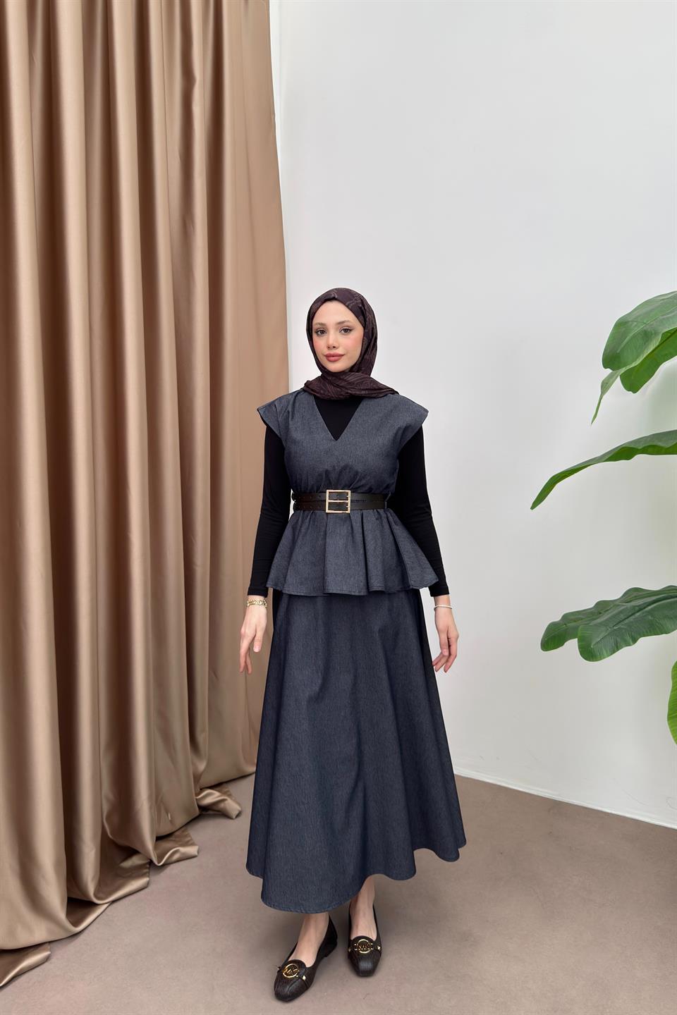 Double Belted Denim Skirt Suit - Navy Blue