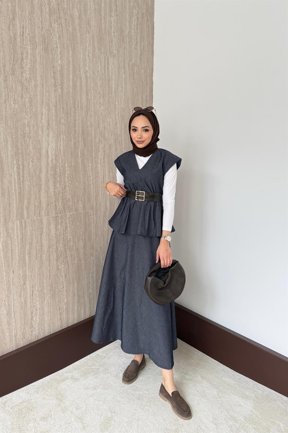 Çift Kemerli Kot Etekli Takım - Lacivert