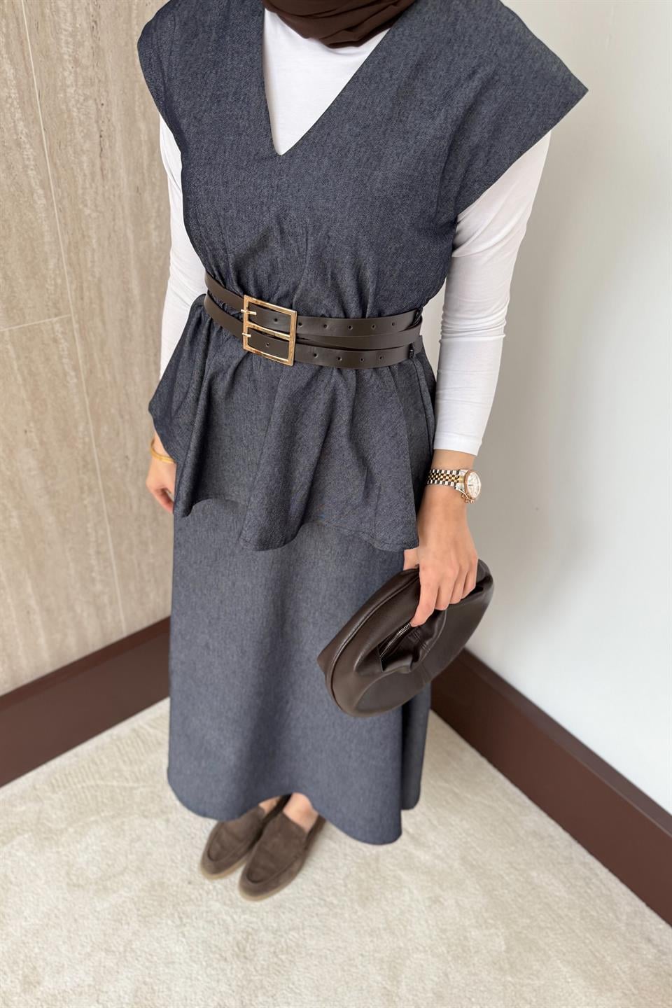 Çift Kemerli Kot Etekli Takım - Lacivert