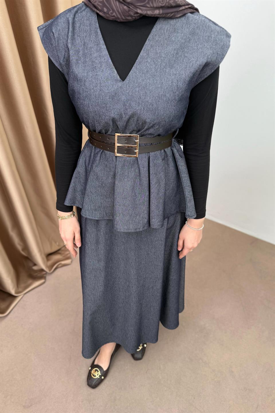 Double Belted Denim Skirt Suit - Navy Blue