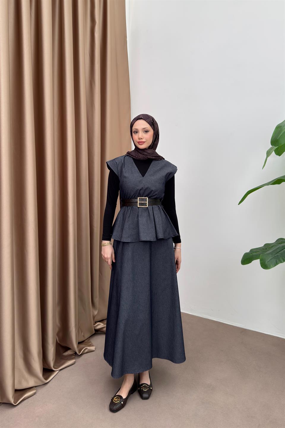 Double Belted Denim Skirt Suit - Navy Blue